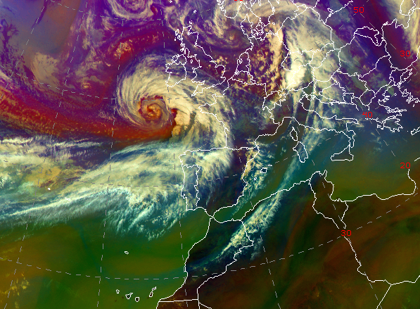 Borrasca Mathis con centro localizado al suroeste de Irlanda el día 30 de marzo a las 15 UTC.