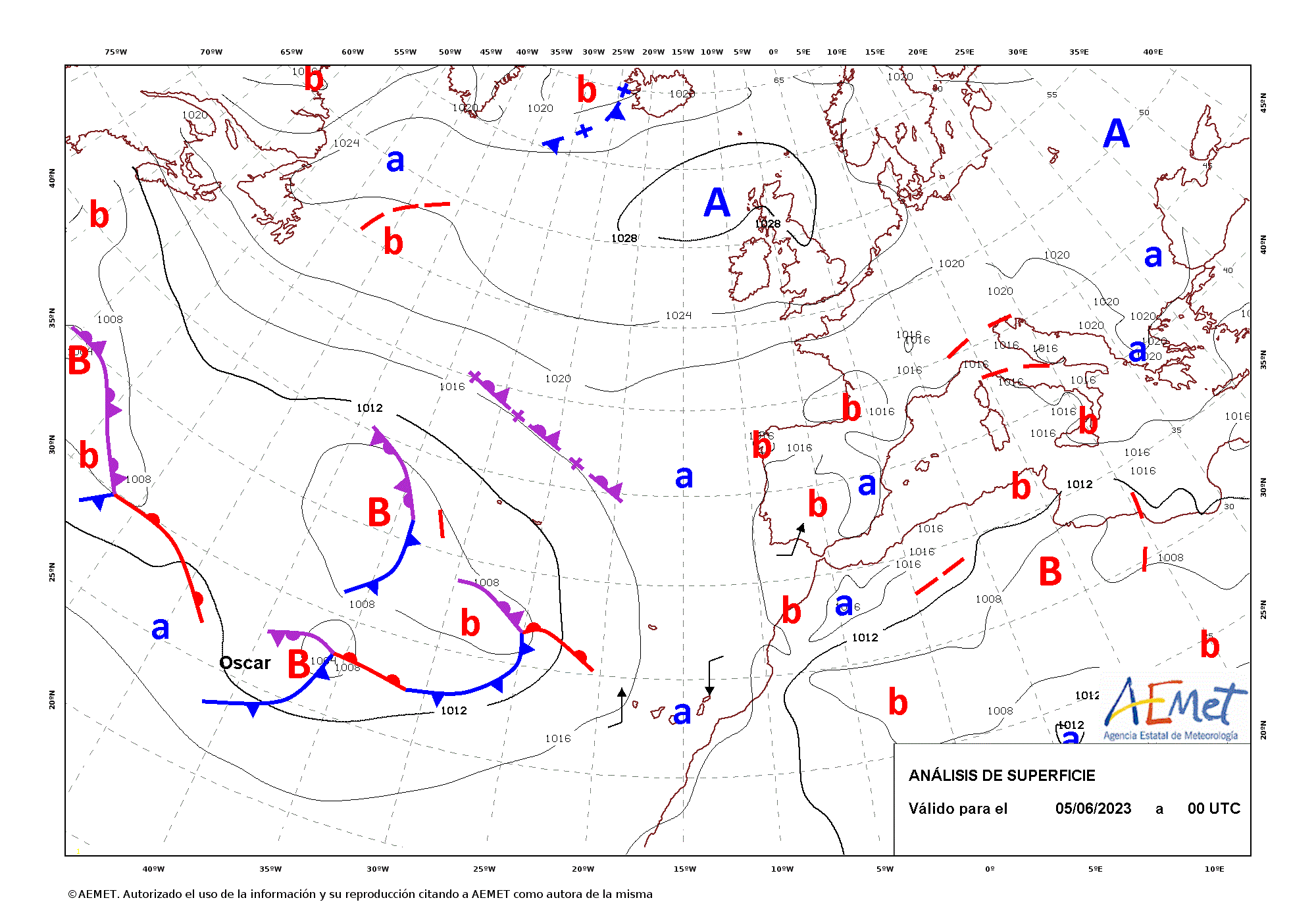 Animación de los mapas de análisis de superficie cada 12 horas entre las 0 UTC del día 5 de junio y las 12 UTC del día 9. El ciclo de vida de la borrasca duró algo más de 4 días desde su formación al noroeste de Canarias y su disipación al noroeste de la Península.