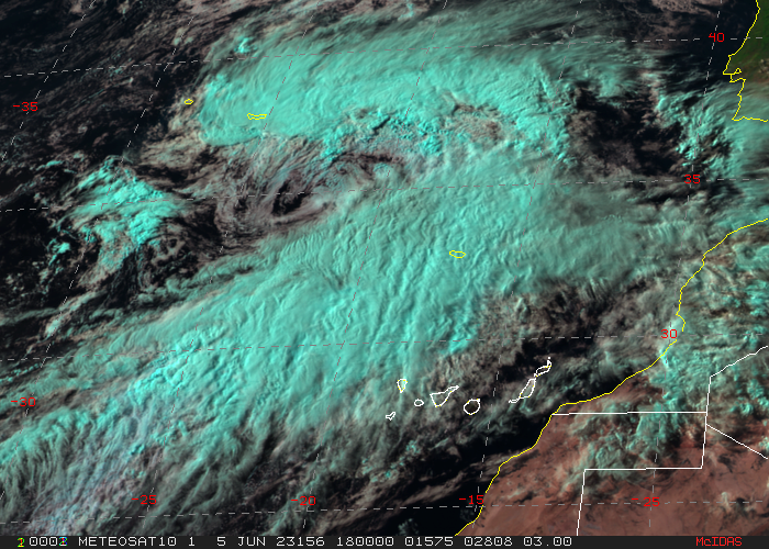 Borrasca Oscar localizada al noroeste de las Canarias el día 5 junio de 2023 a las 18 UTC. (imagen RGB natural del satélite Meteosat).