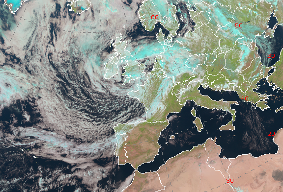 Borrasca Patricia localizada sobre las islas británicas el día 2 de agosto de 2023 a las 12 UTC. (imagen RGB natural del satélite Meteosat).