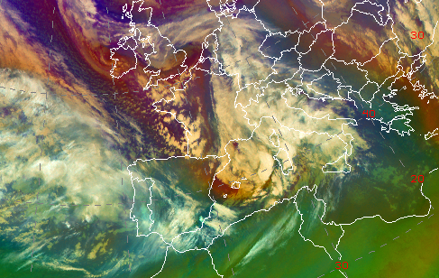 Borrasca Denise sobre el Mediterráneo al oeste de Córcega el día 22 de noviembre a las 00 UTC (imagen RGB de masas de aire del satélite Meteosat)