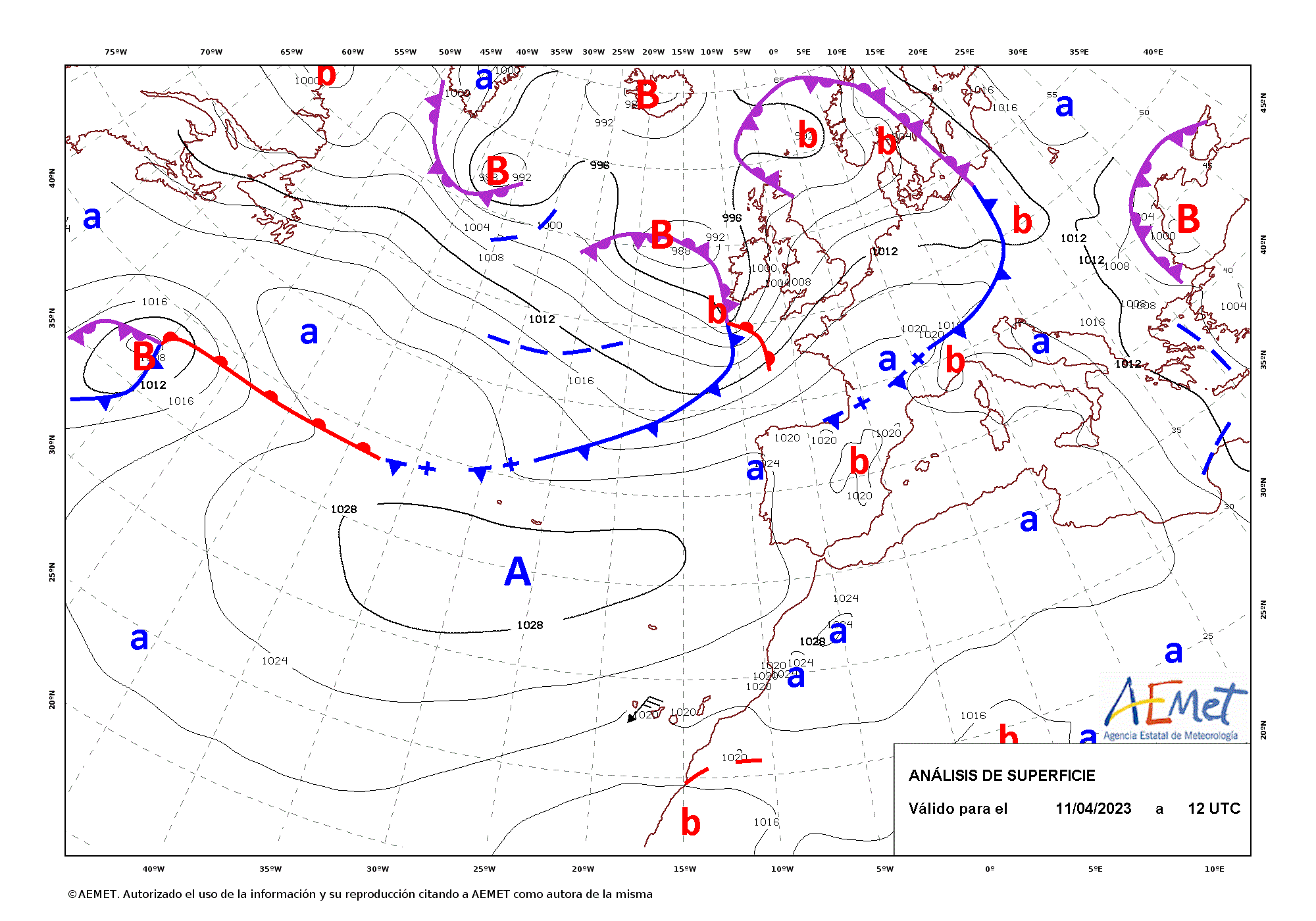 Animación de los mapas de análisis de superficie cada 12 horas entre las 12 UTC del día 12 de abril y las 12 UTC del día 13 de abril de 2023. El ciclo de vida de la borrasca duró algo más de 48 horas desde su formación en el Atlántico hasta su desaparición en el mar del Norte.