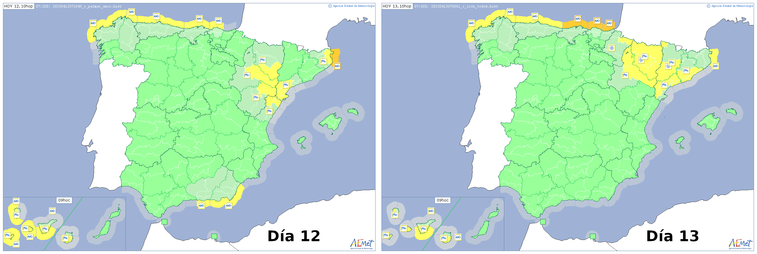 Avisos emitidos por AEMET durante los días 12 y 13 de abril de 2023.