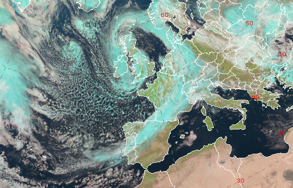 Borrasca Noa localizada en la parte central de las islas británicas el día 12 de abril de 2023 a las 12 UTC. (imagen RGB natural del satélite Meteosat).