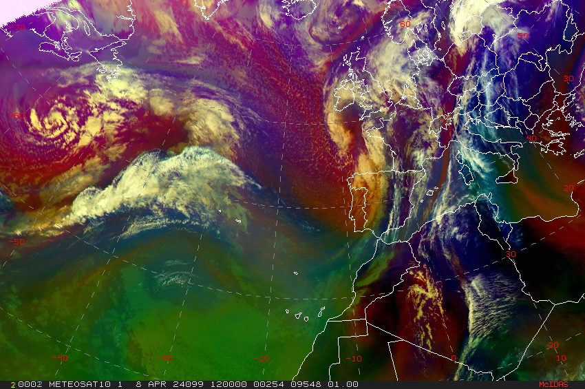 Borrasca Pierrick localizada al sureste de Inglaterra a las 12 UTC del día 8 de abril de 2024. (Imagen RGB de masa de aire obtenida por el satélite Meteosat).