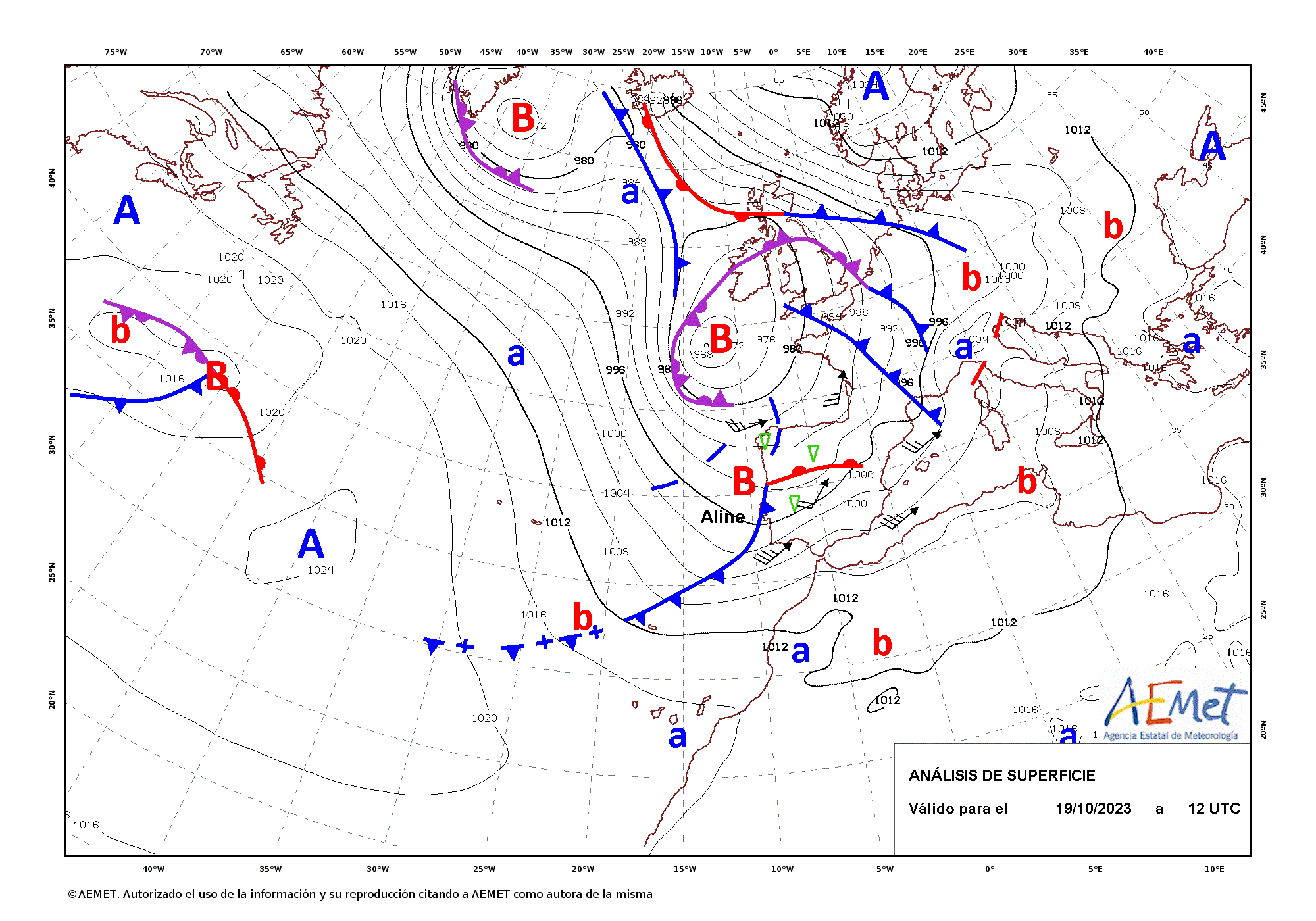 Análisis de superficie de las 12 UTC del 19 de octubre de 2023. La borrasca apareció nombrada por primera vez a las 12 UTC del día 19 cuando se localizaba muy próxima a la península ibérica.