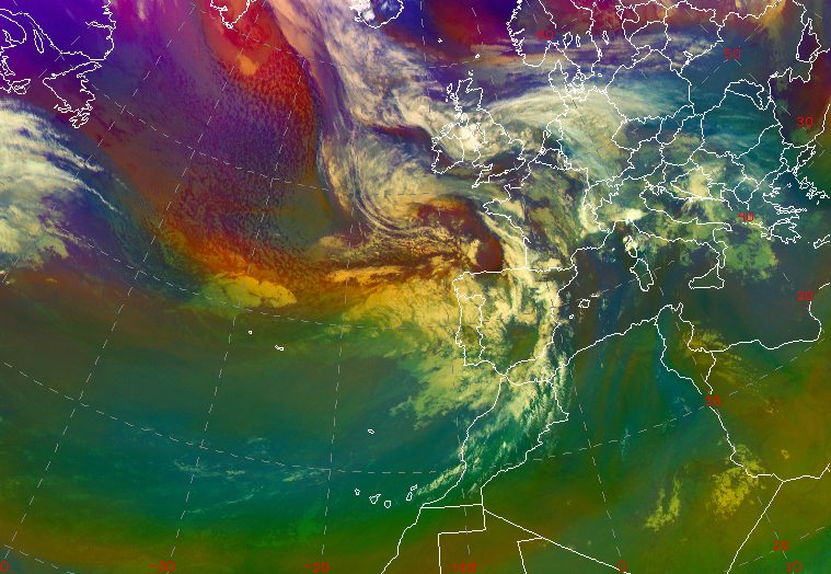 Borrasca Aline localizada al oeste de la Península el día 19 de octubre de 2023 a las 00 UTC. (imagen RGB de masas de aire del satélite Meteosat).