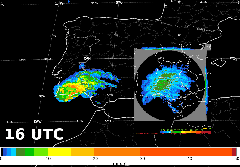 Imágenes del producto del SAF de Nowcasting (Convective Rainfall Rate) y de reflectividad del radar de AEMET ubicado en la provincia de Sevilla. En ambas imágenes se aprecian estructuras de precipitación en bandas indicio de la existencia de cierta simetría axial en la estructura vertical de Bernard.