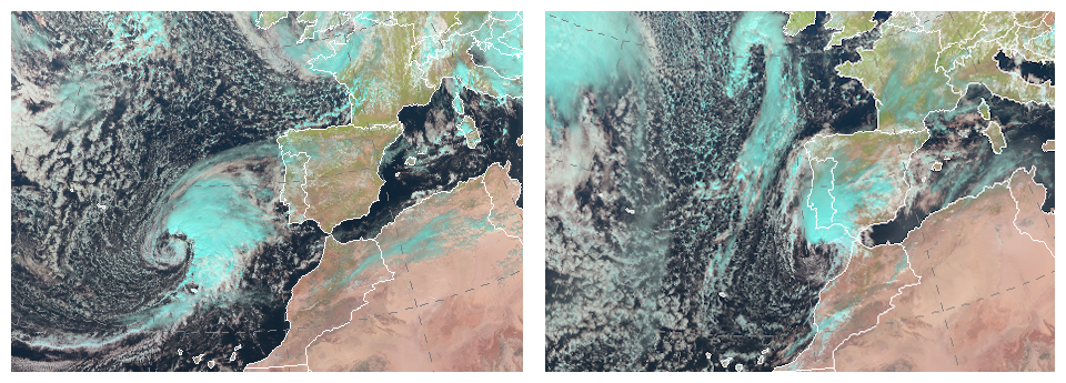 Imágenes de las 12 UTC de los días 21 (izqda.) y 22 de octubre (dcha.) correspondientes a la combinación RGB natural del satélite Meteosat. Comparando ambas imágenes se puede apreciar el notable cambio en el patrón de nubosidad que acompaña a la baja.