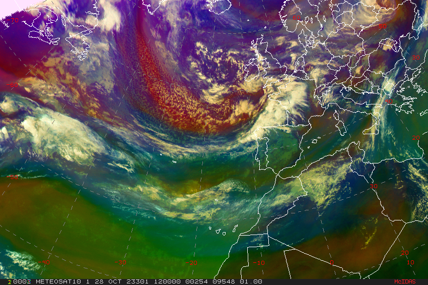 Borrasca Celine localizada al oeste de Irlanda el 28 de octubre de 2023 a las 12 UTC. (imagen RGB de masa de aire del satélite Meteosat).