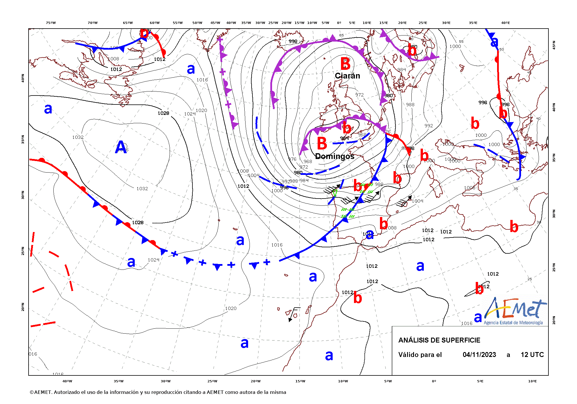 Análisis de superficie de las 12 UTC del día 4 de noviembre de 2023.