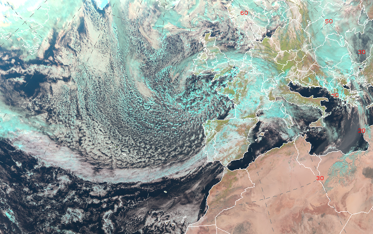 Borrasca Domingos localizada al noroeste de la Península el 4 de noviembre de 2023 a las 12 UTC. (imagen RGB natural del satélite Meteosat).