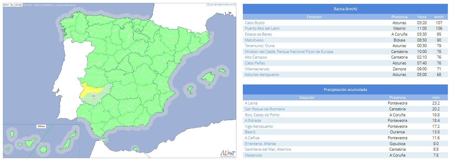 Avisos emitidos por AEMET y observaciones de rachas de viento y acumulados de precipitación en 24 horas correspondientes al día 16 de noviembre de 2023.