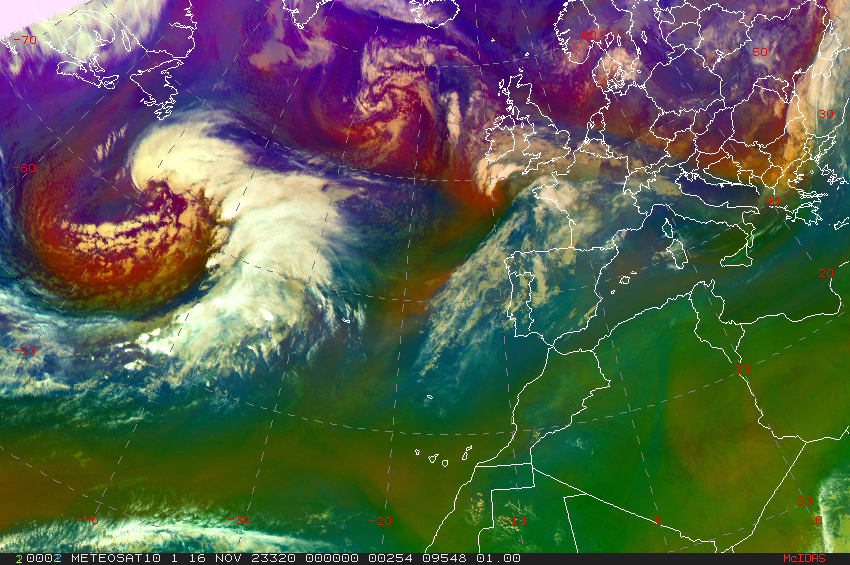 Borrasca Frederico localizada al oeste de Normandía el 16 de noviembre de 2023 a las 00 UTC. (Meteosat. RGB masas de aire).