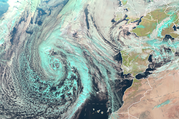 Borrasca Hipolito localizada al oeste de las Azores el 11 de enero de 2024 a las 12 UTC. (Meteosat. RGB natural).