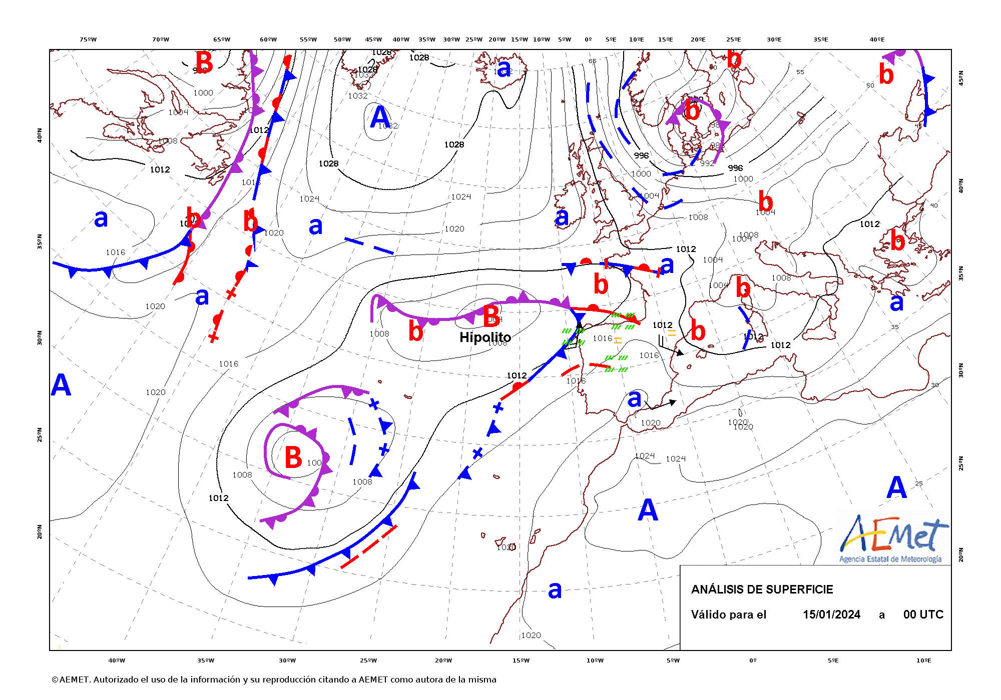 Evolución de Irene entre las 0 UTC del día 15 de enero y las 0 UTC del 19 de enero de 2024 (análisis cada 12 horas).