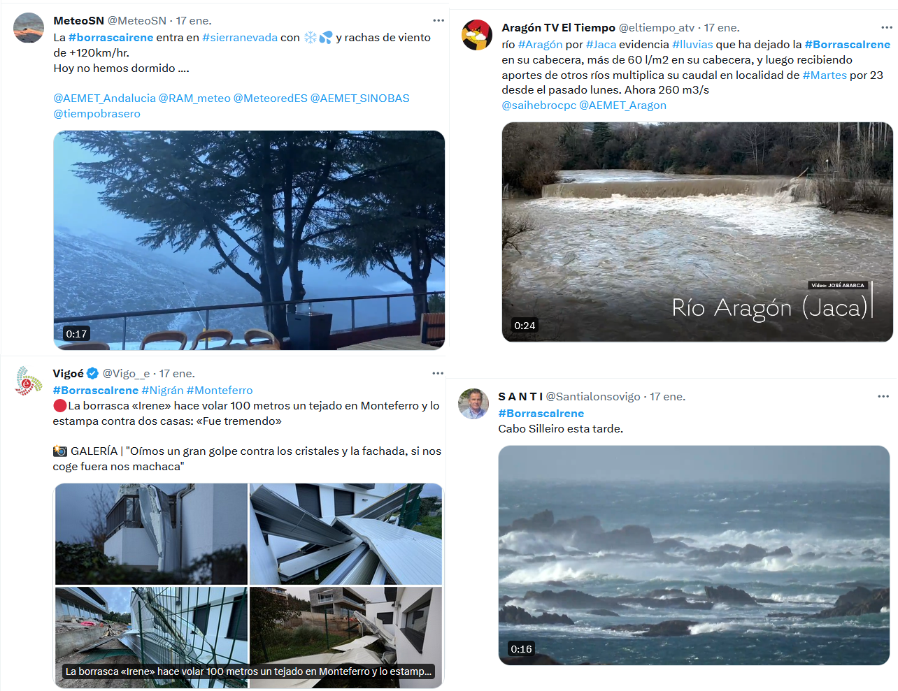 Ejemplo de algunos de los tuits reportados como consecuencia de la borrasca Irene.