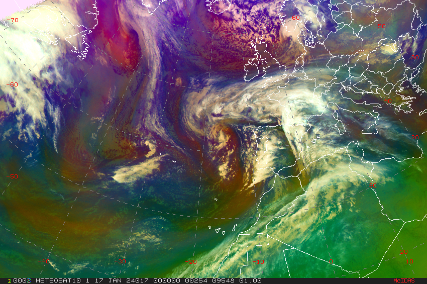 Centro de la Borrasca Irene al oeste de Galicia el 17 de enero de 2024 a las 00 UTC. (Meteosat. RGB masas de aire).