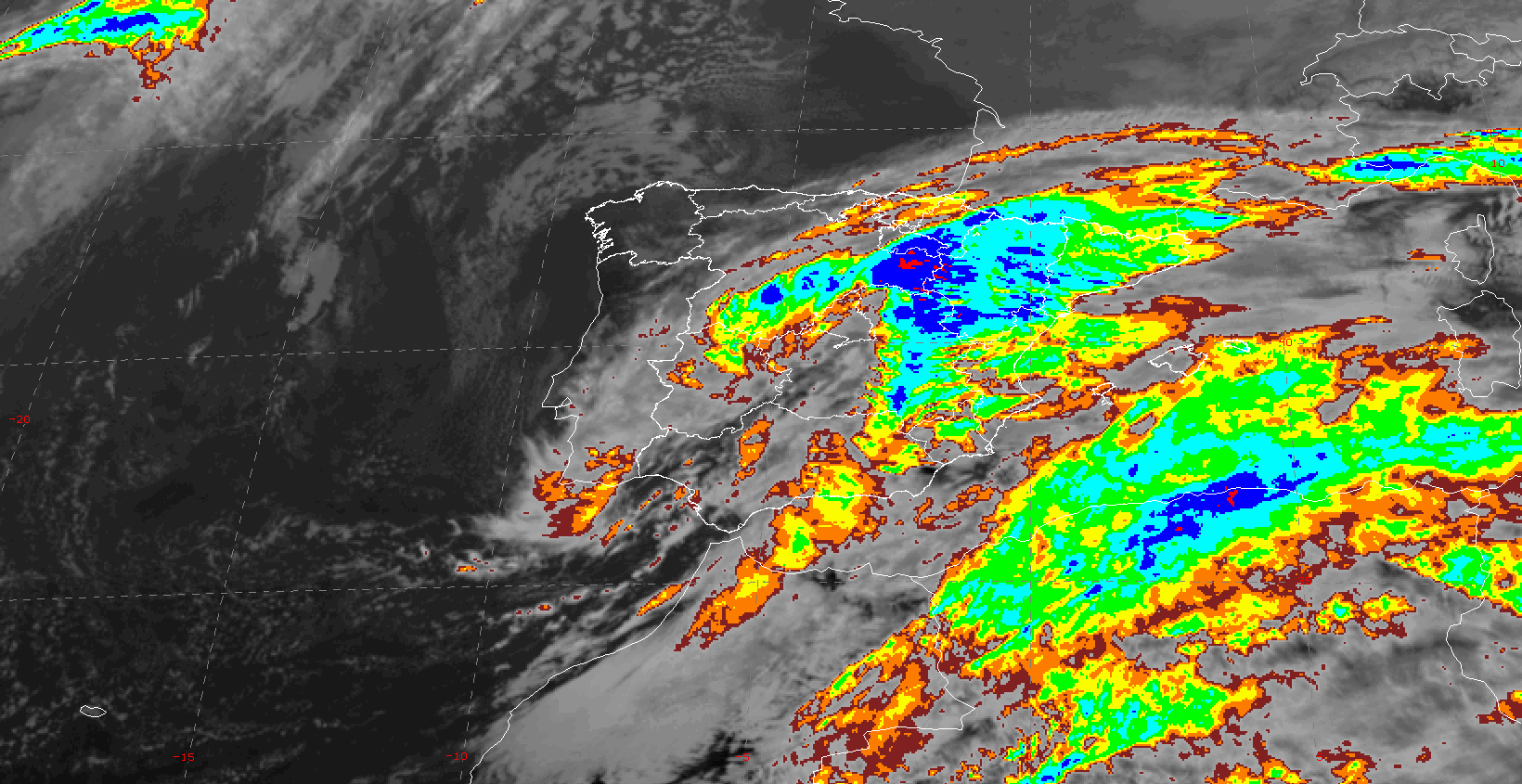 Borrasca Juan localizada sobre la Península durante la mañana del 19 de enero de 2024. (Meteosat. realce convectivo).