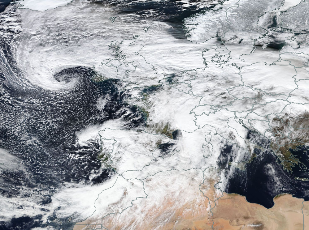 Borrasca Karlotta localizada al suroeste de Irlanda en la mañana del 8 de febrero de enero de 2024. (Satélite Suomi NPP).