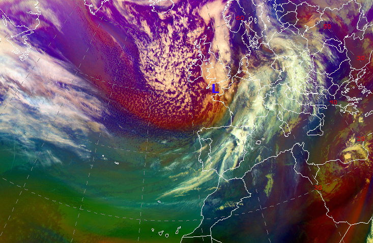 Borrasca Louis localizada al sur de Inglaterra en la mañana del 22 de febrero de 2024. (Imagen RGB de masas de aire obtenida por el satélite Meteosat).