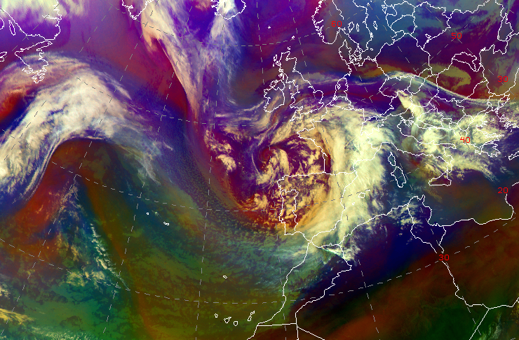 Borrasca Monica localizada al noroeste de Galicia a las 12 UTC del día 9 de marzo de 2024. (Imagen RGB de masas de aire captada por el satélite Meteosat).