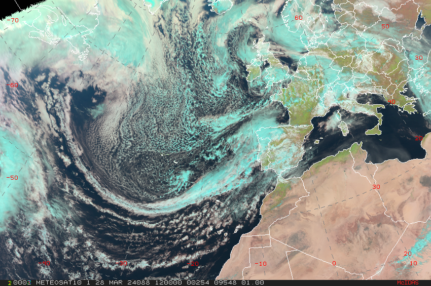 Borrasca Nelson localizada al sur de Irlanda las 12 UTC del día 28 de marzo de 2024. (Imagen RGB natural obtenida por el satélite Meteosat-11).