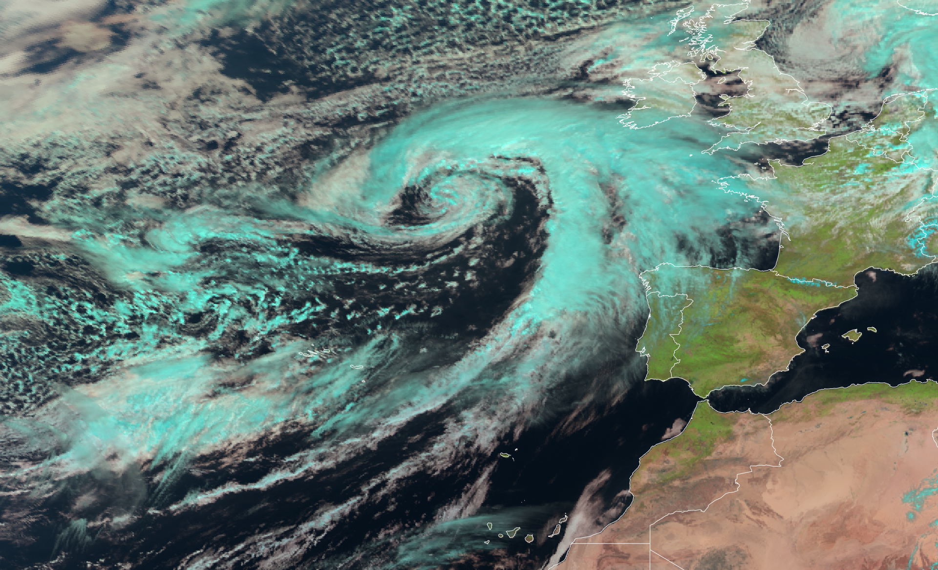 Borrasca Olivia localizada al oeste de la península ibérica a las 12 UTC del día 4 de abril de 2024. (Imagen RGB natural obtenida por el satélite Meteosat-11).