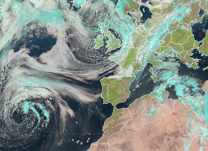 Borrasca Renata localizada al noreste de Inglaterra a las 12 UTC del día 15 de abril de 2024. (Imagen RGB natural obtenida por el satélite Meteosat-11).