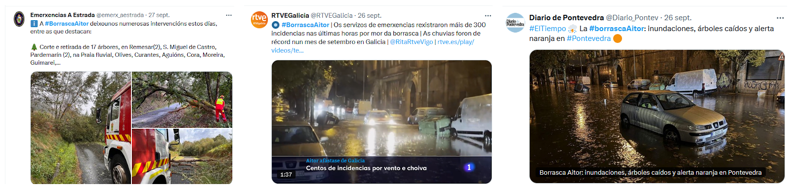 Reportes publicados en X relativos a algunos de los impactos ocasionados por la borrasca Aitor.