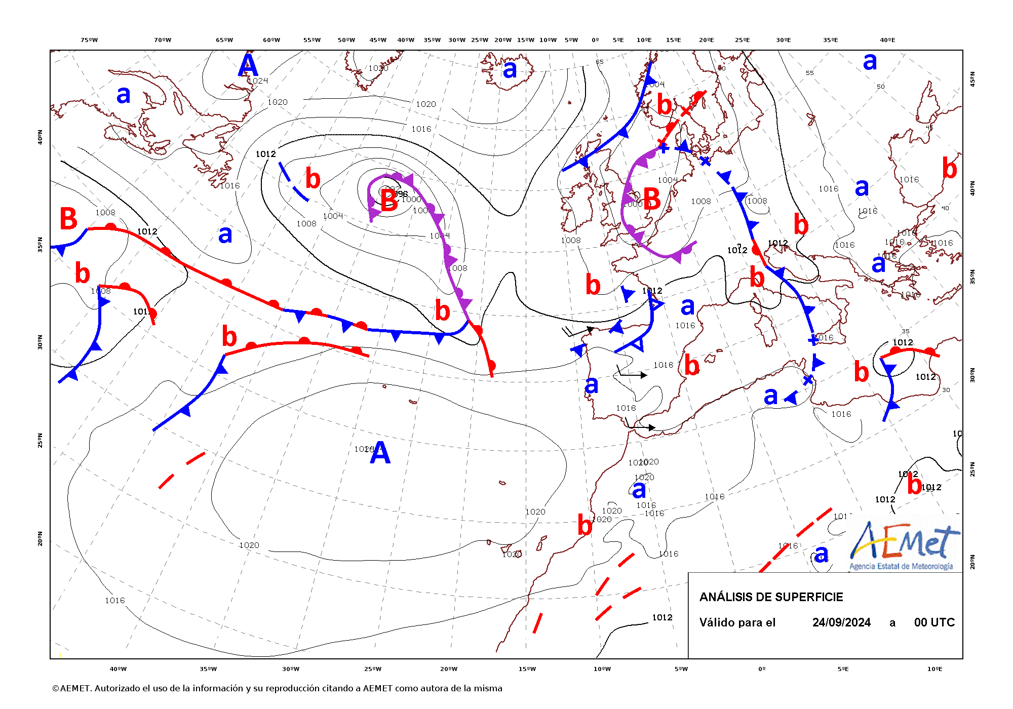 Animación cada 12 horas de los análisis de superficie entre las 00 UTC del día 24 y las 12 UTC del 27 de septiembre de 2024.