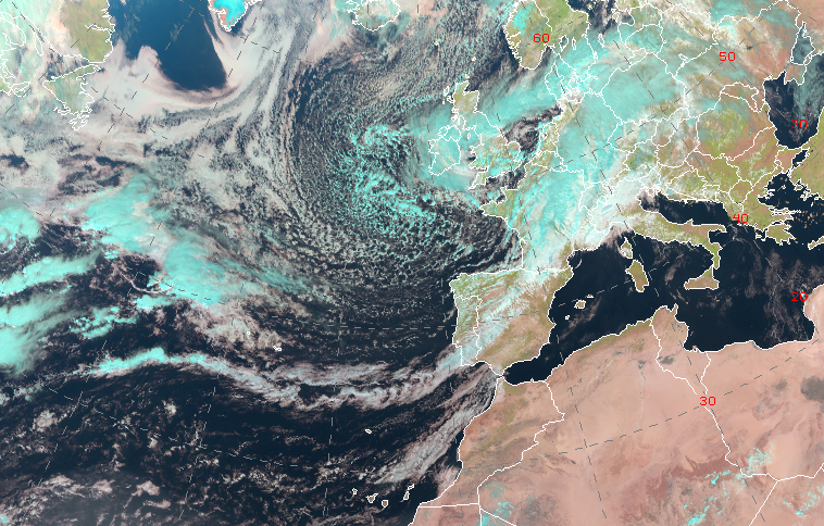Borrasca Aitor con centro localizado al sur de las islas británicas el día 26 de septiembre de 2024 a las 12 UTC (imagen RGB-natural del satélite Meteosat-11)