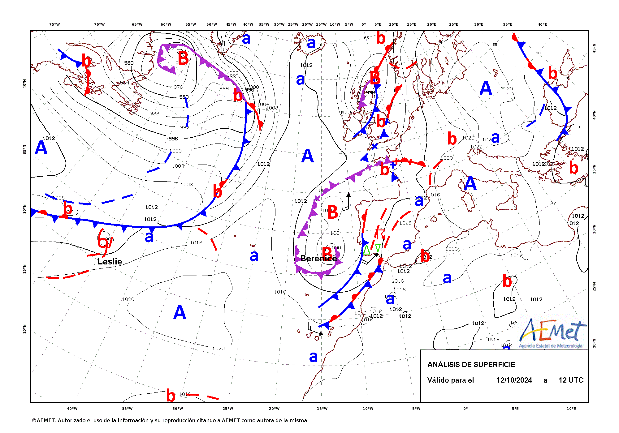 Análisis de superficie de las 12 UTC del 12 de octubre de 2024. La borrasca apareció nombrada por primera vez a las 00 UTC del día 12.