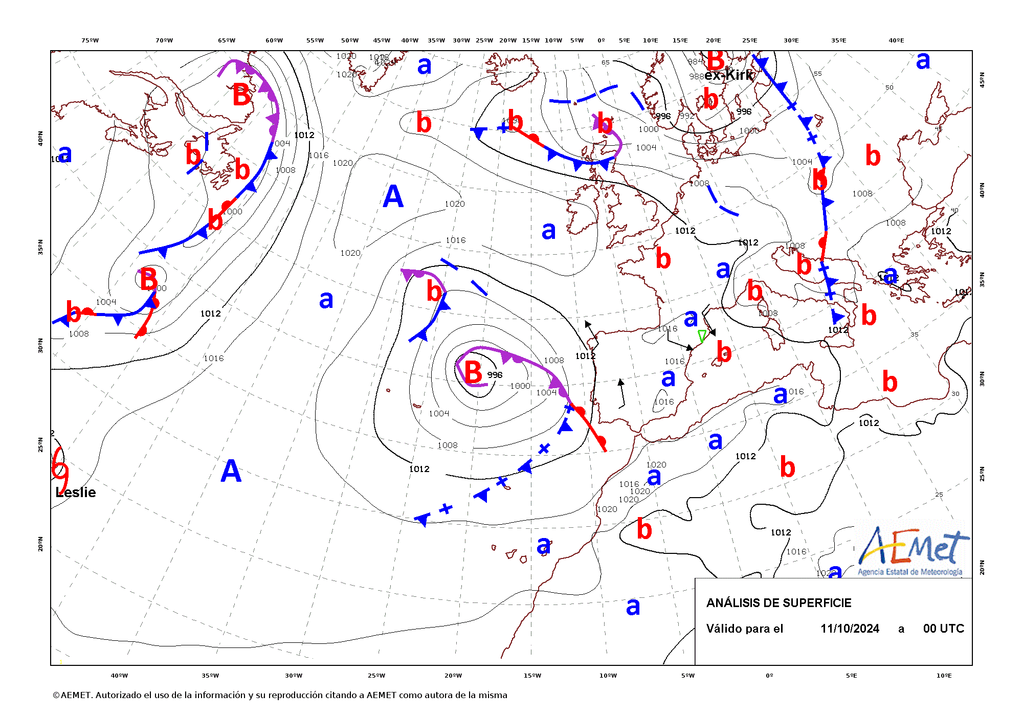 Animación cada 12 horas de los análisis de superficie entre las 00 UTC del día 11 y las 00 UTC del 14 de octubre de 2024.