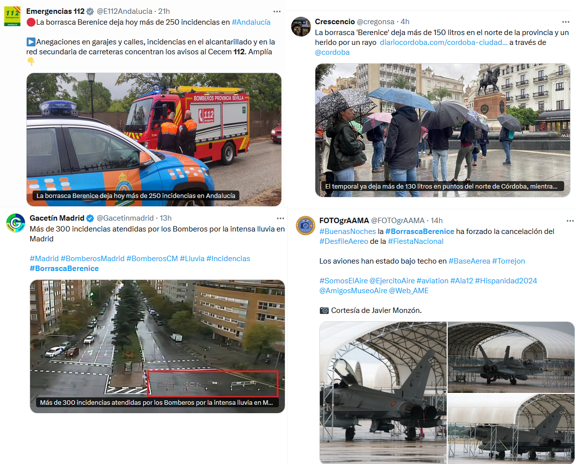 Reportes publicados en X de algunos de los impactos ocasionados por la borrasca Berenice. Hay que destacar el impacto de las precipitaciones en la ciudad de Madrid, las cuales limitaron algunos de los actos típicos del desfile de las Fuerzas Armadas como consecuencia de la celebración del día del Pilar, día festivo nacional y en el que se conmemora también el día de la Hispanidad.