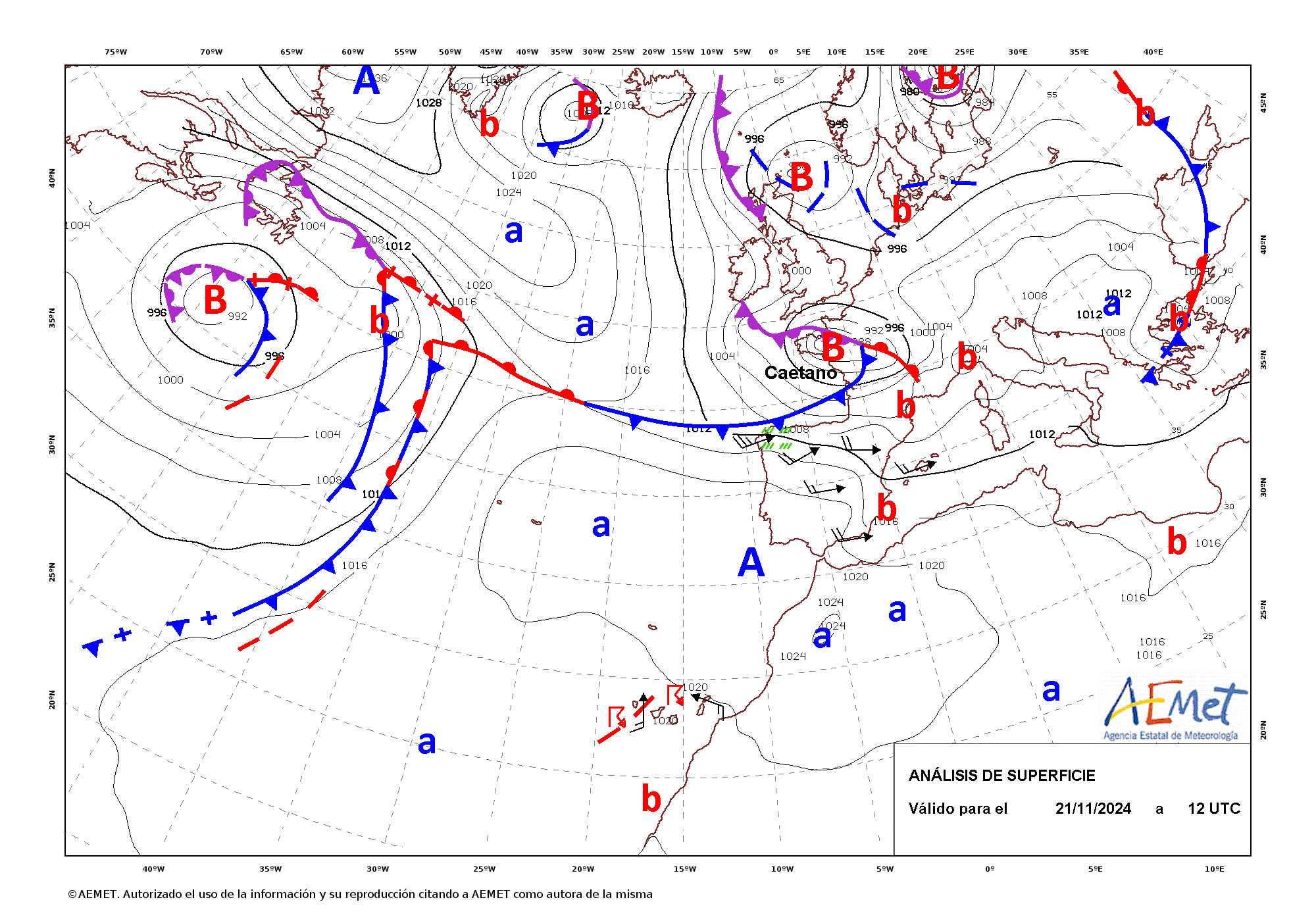 Análisis de superficie de las 12 UTC del 21 de noviembre de 2024. La borrasca apareció nombrada por primera vez a las 12 UTC del día 20, todavía muy lejos de la Península y en un estado muy incipiente.