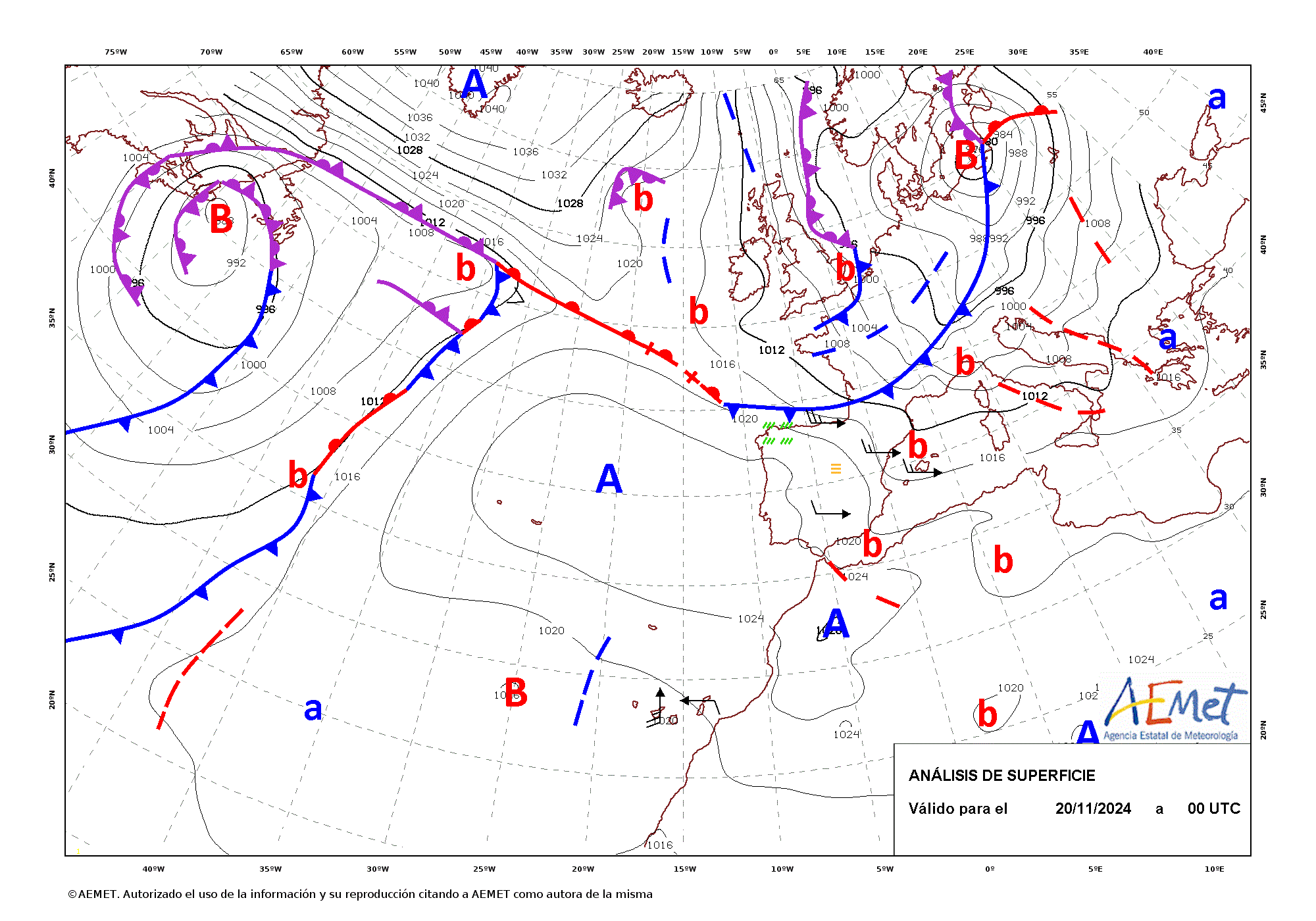 Animación cada 12 horas de los análisis de superficie entre las 00 UTC del día 20 y las 00 UTC del 23 de noviembre de 2024.