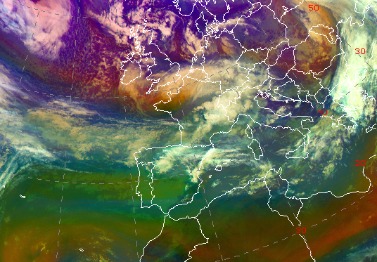 Borrasca Caetano con centro localizado al noroeste de Francia a las 12 UTC del día 21 de noviembre de 2024 (imagen RGB-masa de aire de satélite Meteosat-11).