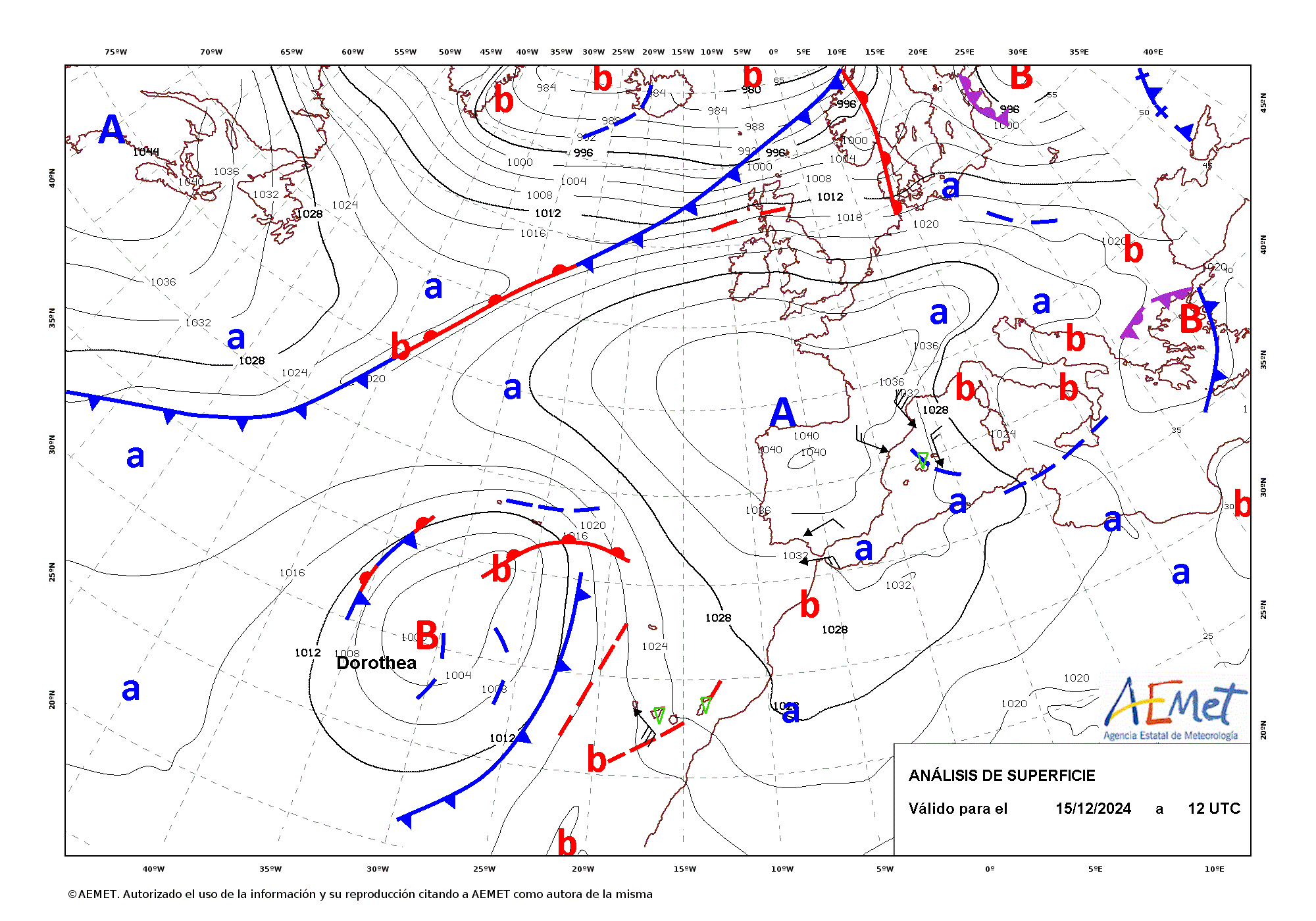 Análisis de superficie de las 12 UTC del 15 de diciembre de 2024. La borrasca apareció nombrada por primera vez a las 12 UTC del día 14.