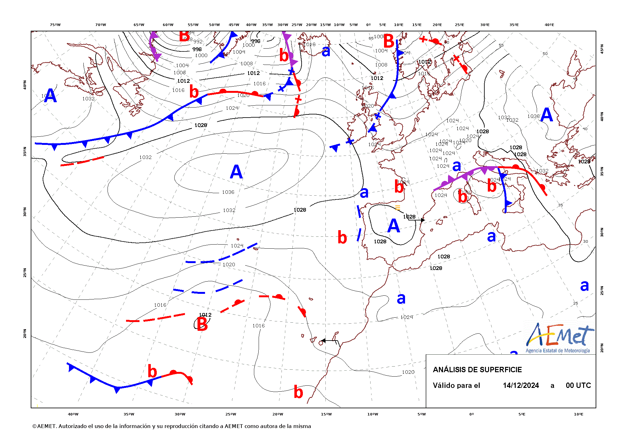 Animación cada 12 horas de los análisis de superficie entre las 00 UTC del día 14 y las 12 UTC del 18 de diciembre de 2024.