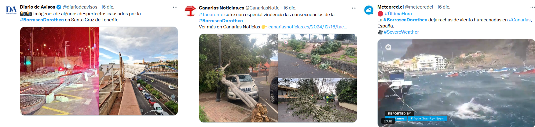 Reportes publicados en X de algunos de los impactos ocasionados por las intensas rachas de viento en Canarias provocadas por la borrasca Dorothea.