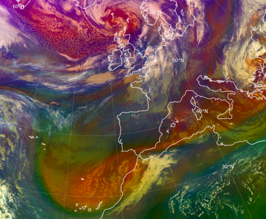 Borrasca Enol localizada al norte de Inglaterra a las 12 UTC del día 21 de diciembre de 2024. (Imagen RGB de masa de aire obtenida por el satélite Meteosat-11).