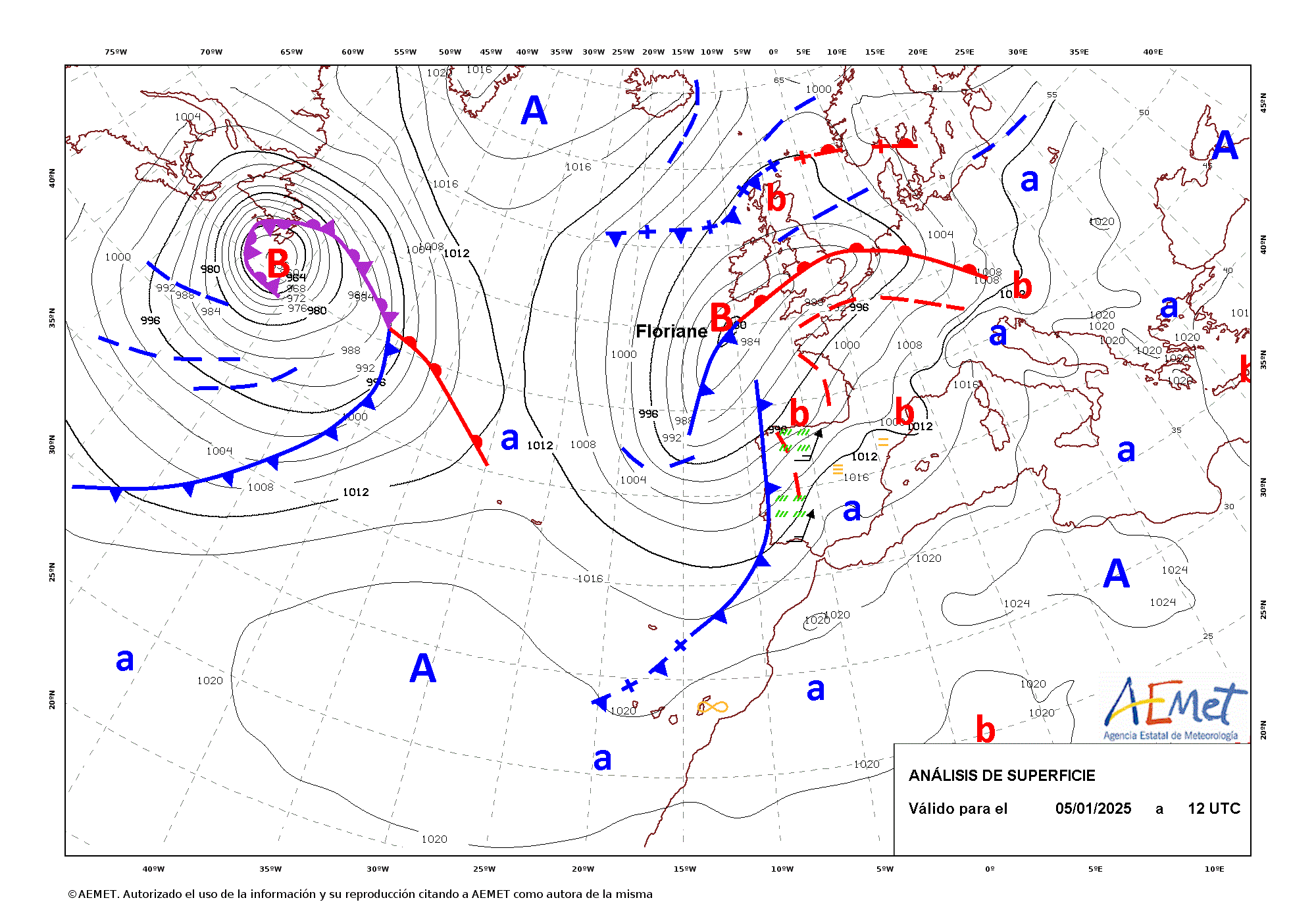 Análisis de superficie de las 12 UTC del campo de presión a nivel del mar correspondiente al 5 de enero de 2025.
