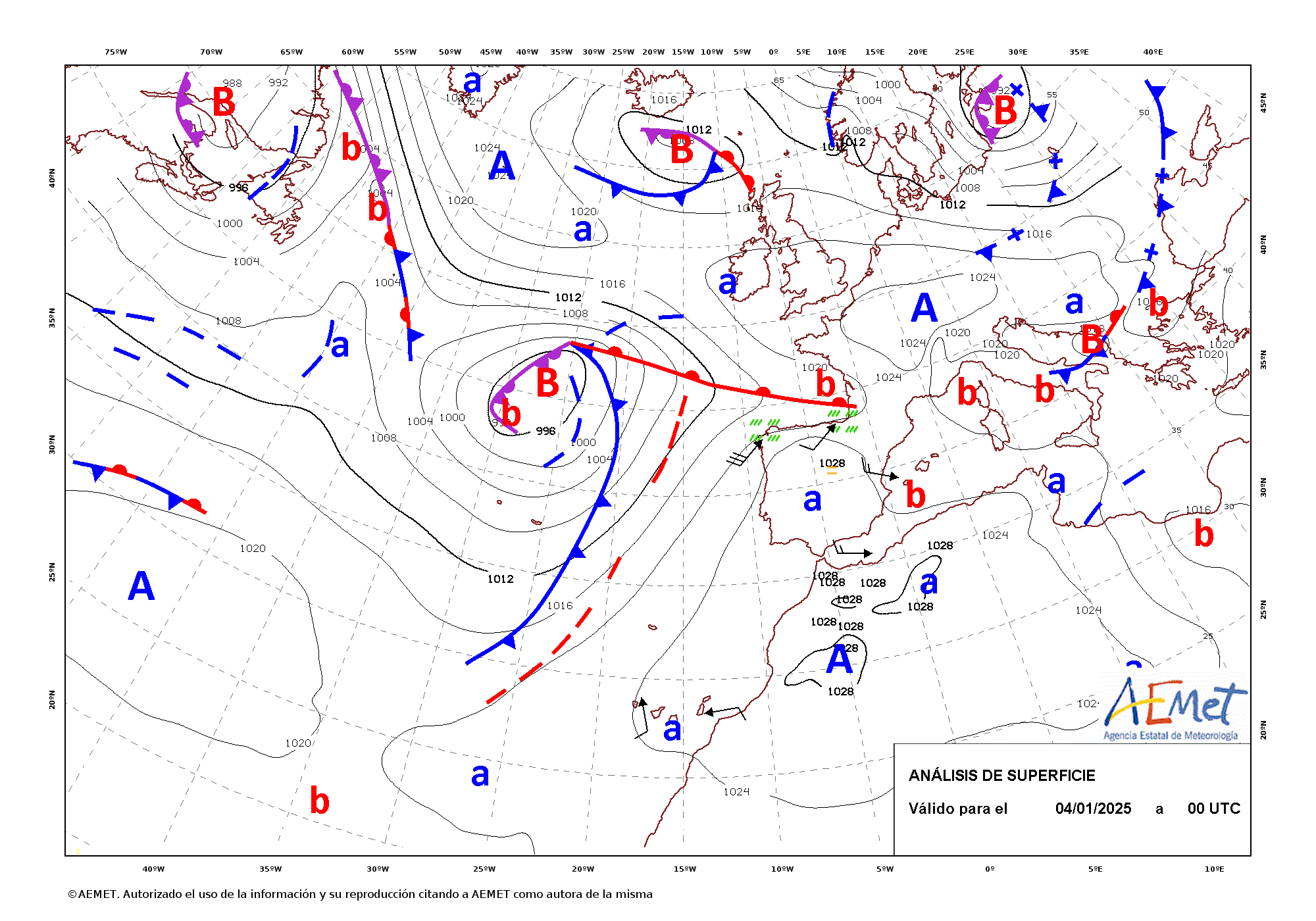 Evolución de Floriane entre las 00 UTC del día 4 de enero y la misma hora del día 7 (análisis cada 12 horas).