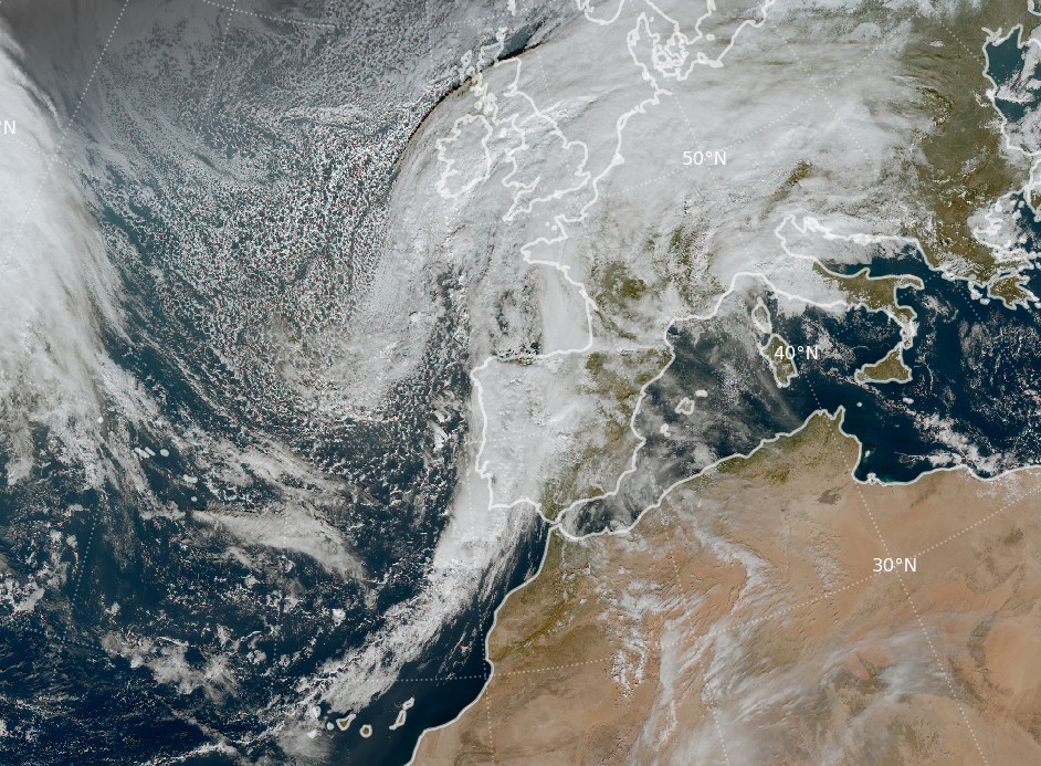 Borrasca Floriane localizada al sur de Irlanda a las 12 UTC del día 5 de enero de 2025. (Imagen RGB color verdadero del satélite Meteosat-12).