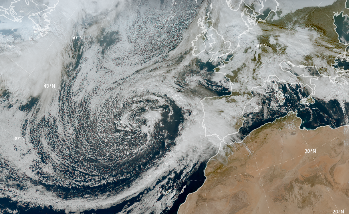 Borrasca Garoe sobre las islas Azores a las 13 UTC del día 20 de enero de 2025. Imagen RGB color verdadero del satélite Meteosat-12.