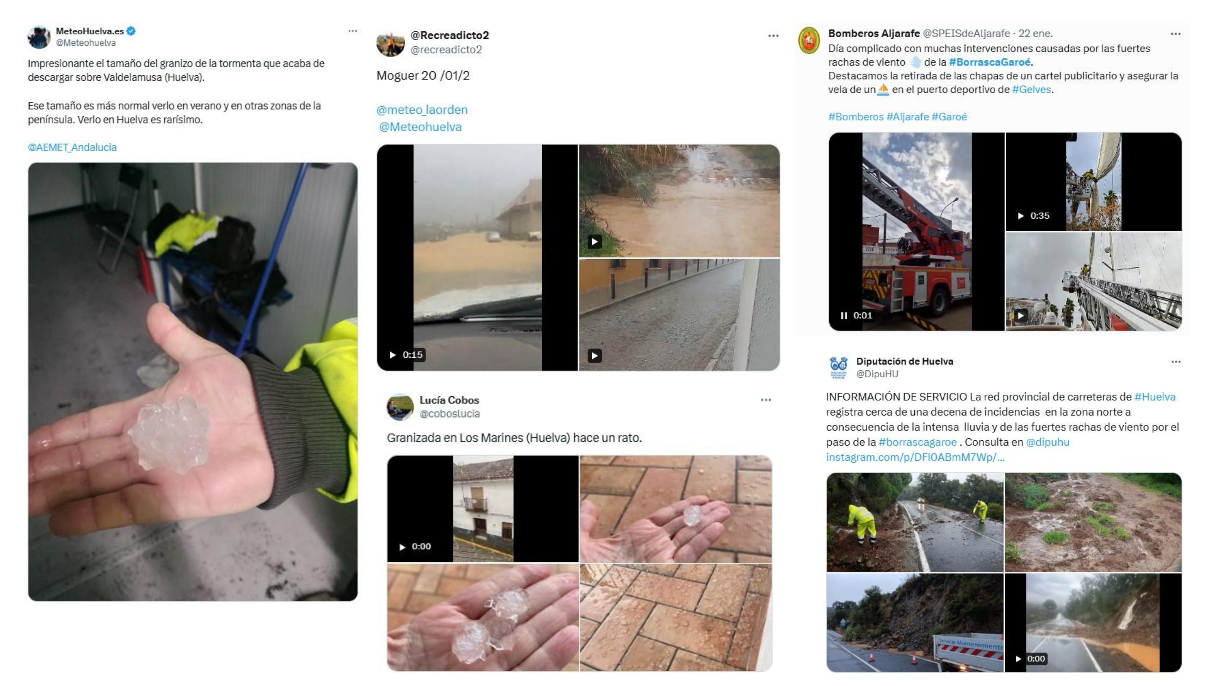 Reportes publicados en X relativos a algunos de los impactos ocasionados por la borrasca Garoe.