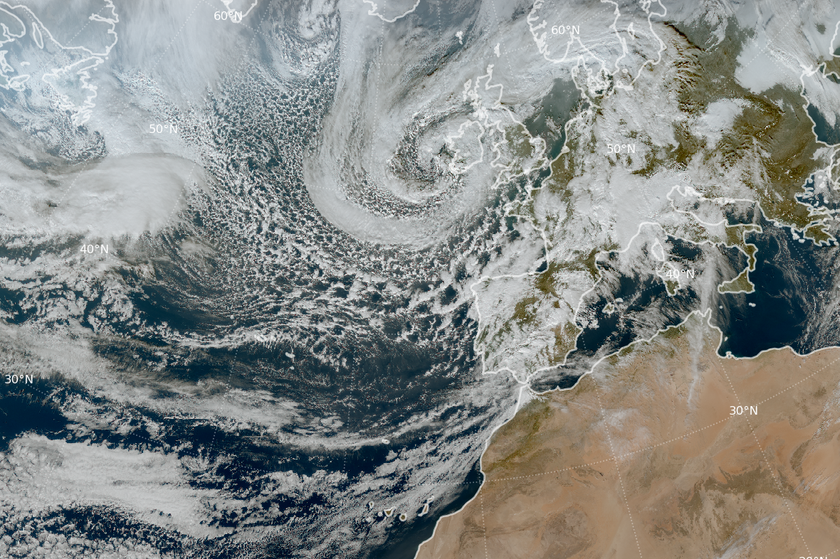 Borrasca Herminia con su centro al oeste de Irlanda a las 13 UTC del día 27 de enero de 2025. Imagen RGB color verdadero del satélite Meteosat-12.