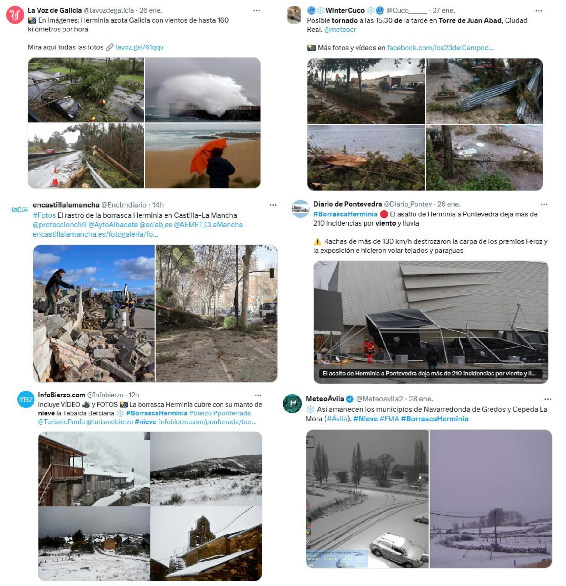 Reportes publicados en X relativos a algunos de los impactos ocasionados por la borrasca Herminia.