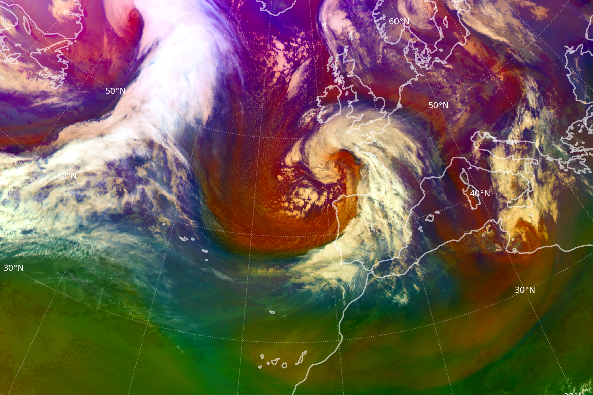 Borrasca Ivo con su centro sobre el mar Cantábrico a las 10 UTC del día 29 de enero de 2025. Imagen RGB de masas de aire del satélite Meteosat-12.